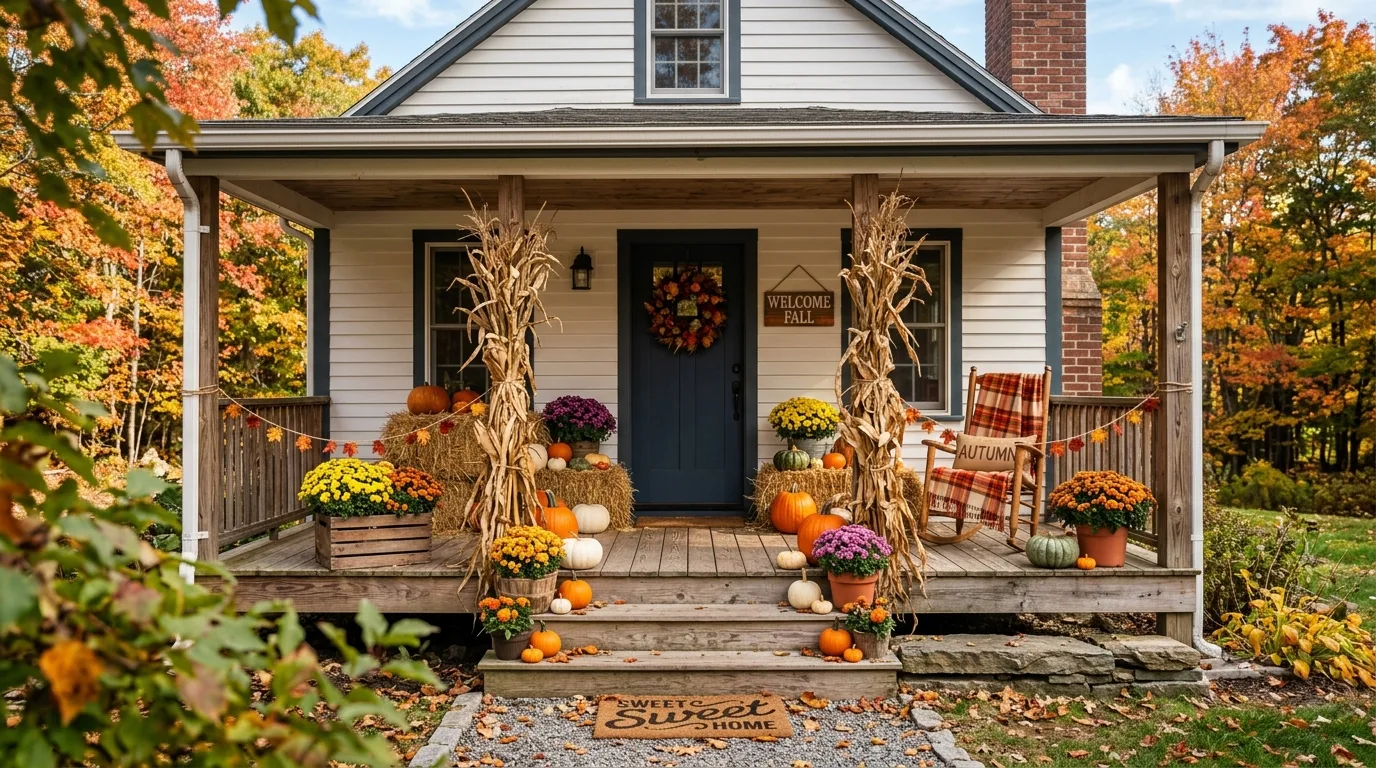 Fall porch decorated with hay bales and pumpkins